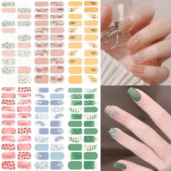 NAILDOKI Nail Stickers 6 Sheets x 22 Pieces Full Wraps Nail Polish Strips, Self-Adhesive Gel Nail Art Decals for Women Girls