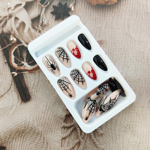KKUUOO Halloween Press on Nails,Medium Almond Fake Nails Spider & Spider Web Acrylic Nails with Blood Drop Design Full Cover Glossy False Nails Stick on Nails Jelly Press on Nails for Women Girl 24Pcs