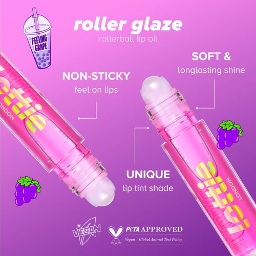 Lottie London Roller Glaze in Feeling Grape, color changing nourishing lip oil which adapts to the natural pH in your lips
