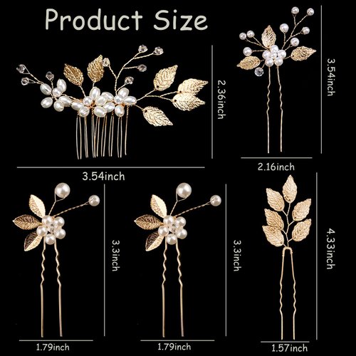 5 PCS Bridal Wedding Hair Pins Gold Leaf Crystal Pearl Hair Pins Vintage Bridal Hair Accessories Wedding Hair Clips for Brides Bridesmaids Women Girls