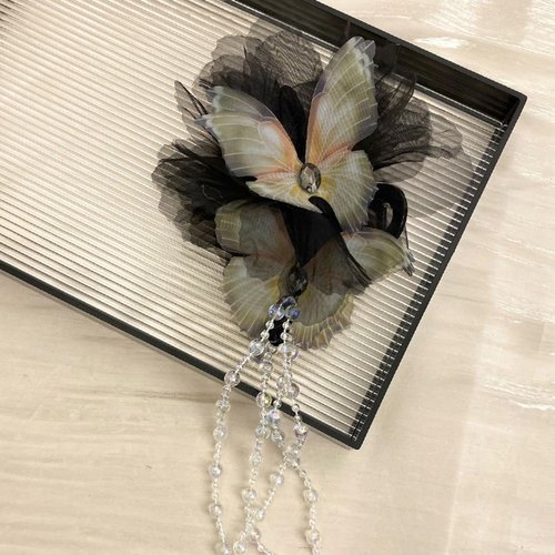 Rannyrena Elegant Lace Butterfly Flower Hair Clip with Beaded Tassel Dainty Floral Hair Claw for Women Butterfly Hair Piece for Wedding Bride (Black)
