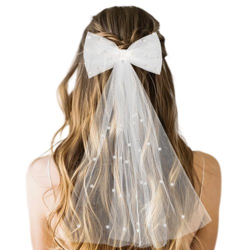 IKUHRMO Bridal Veil Pearl Hair Bow, Elegant Bachelorette Veil, Bridesmaid Hair Clip for Wedding Bachelorette Parties Women Girls (White)