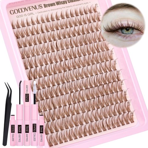 Brown Wispy Lash Clusters Kit for DIY Lash Extension 3 in 1 Eyelash Clusters Kit Natural Individual Lashes Cluster C Curl Cluster Eyelash Extensions kit with 216pcs Eyelashes Clusters 10-16mm