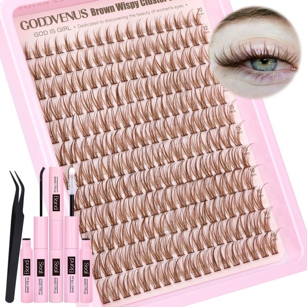Brown Wispy Lash Clusters Kit for DIY Lash Extension 3 in 1 Eyelash Clusters Kit Natural Individual Lashes Cluster C Curl Cluster Eyelash Extensions kit with 216pcs Eyelashes Clusters 10-16mm