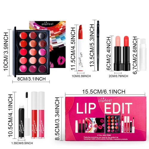 Lip Makeup Kits for Women, Lip Makeup Set for Beginners, Christmas Gift Set for Women Girls, Lips Cosmetics Essential Bundle Includes Lipstick Palette,Lip Brush,Lip Balm,Matte Lipstick,Liqiud Lipstick