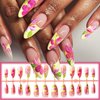 24Pcs French Tips Press on Nails for Art with Tropical Flower Design, Glossy Yellow French Medium Almond Acrylic False Nails Gel Glue on Nails Flower Full Cover Fake Nails Stick on Nails for Women