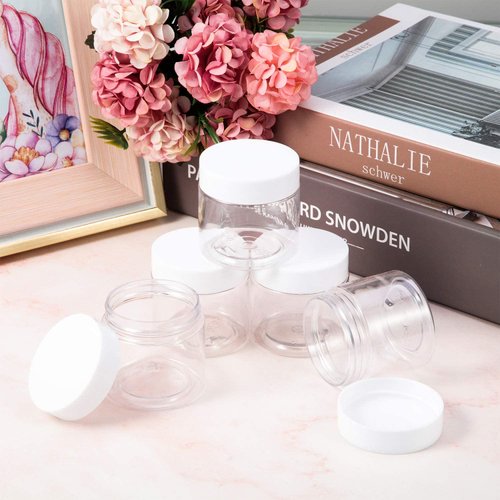 SATINIOR 6 Pack Plastic Pot Jars Round Clear Leak Proof Plastic Container Jars with Lid for Travel Storage, Eye Shadow, Nails, Paint, Jewelry (5 oz, White)