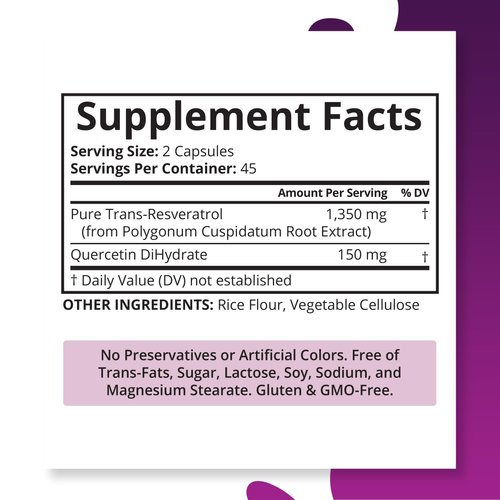 Purity Labs Pure Trans-Resveratrol Supplement + Quercetin 1500mg, Vegan Supplements for Heart, Skin Hair Nails, Anti Aging Antioxidant Supplement 90ct