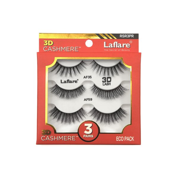 Laflare 3D Cashmere False Eyelashes 3 pcs Multipack, Ultra Soft, Glam, Wispy, Fresh, Luxurious, Cruelty-Free, Reusable, 100% Cashmere Texture, Fake Eyelashes 3 Pairs Eco Pack (RSR3PR)