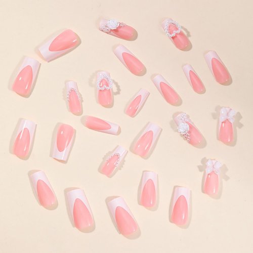 Press on Nails with Charms Medium Square French Tip Nails Cute Bow Fake Nails Glossy Full Cover Acrylic Nails Pearl Rose Flower False Nails Nude Pink Stick on Nails for Women Girls Nail Decor
