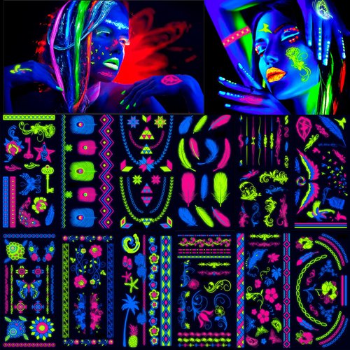 HOWAF 12 Sheets Glow UV Neon Temporary Tattoos 120+pcs Body Face Tattoos for Women Blacklight Festivals Raves Party Supplies, Glow in the Dark Tattoos Stickers Waterproof Neon Body Art Decoration