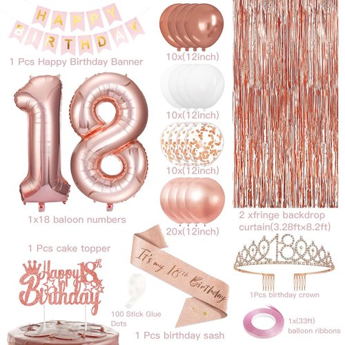 18th Birthday Decorations for Girls, Happy 18th Birthday Banner, Balloon, Cake Topper, Sash and Crown, Rose Gold 18 year old Birthday Party Decorations for Girls