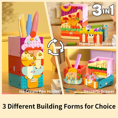 Vinbosion Building Blocks Set,3 in 1 Pen Holder Building Blocks Toy,Creative Building Blocks Model Gift for Kids and Adults