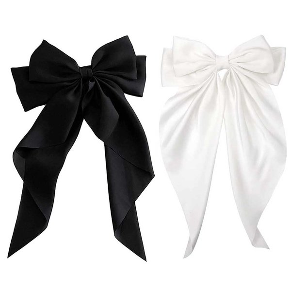 Big Bow Hair Clips 2pcs, Long Tail French hair Bows for Women Girl, Satin Silky Bow Hair Barrette,Black Milky White Bow Up Accessories for Birthday/Party/Show/Christmas/Thanksgiving