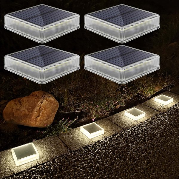 Solar Deck Lights Outdoor, IP68 Waterproof Solar Step Lights, Solar Powered Driveway Lights, Natural White 4000K LED Solar Lights, Stick on Garden Steps Yard Fence Patio Pathway Dock, Square(4 Pack)