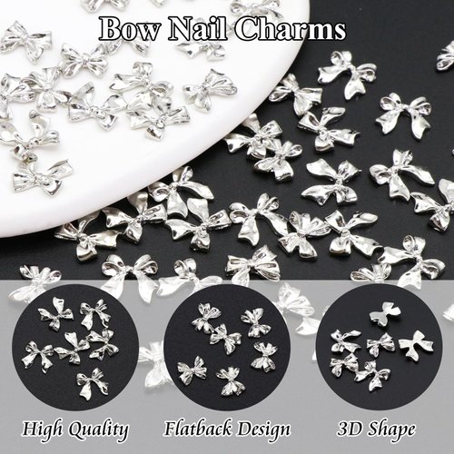 YAEISM 50PCS Bow Nail Charms 3D Silver Nail Charms 2 Styles of Alloy Ribbon Bowknot Nail Bow Charms Nail Rhinestones for Nail Art and DIY Crafts Decoration
