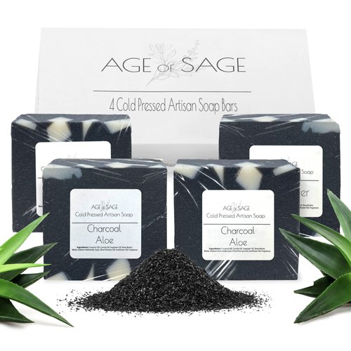 Age of Sage Handmade Natural Bar Soap Gift Set - 100% All Organic Vegan Bath Moisturizing Handmade Artisan Scented Cold Process Fragrant Soaps with Essential Oil - 4 Pack (Charcoal Aloe)