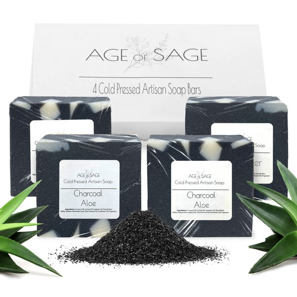 Age of Sage Handmade Natural Bar Soap Gift Set - 100% All Organic Vegan Bath Moisturizing Handmade Artisan Scented Cold Process Fragrant Soaps with Essential Oil - 4 Pack (Charcoal Aloe)