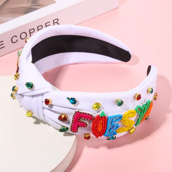YAHPERN Mexican Headband for Women - Fiesta Knotted Headband with Beaded Lettering & Rhinestone - Cinco De Mayo Hair Accessory - Wide Top Knot Headband - Party Favors Gifts