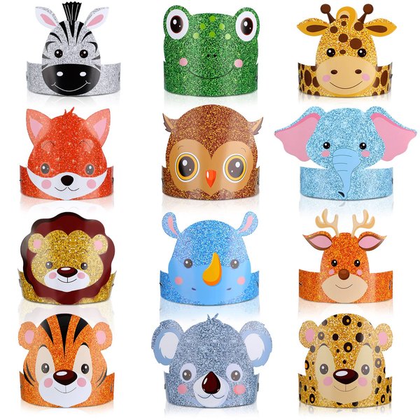 24 Pcs Animal Birthday Party Hats Animal Headbands Jungle Safari Animal Paper Party Crown for Girls Kids (Jungle Animal)