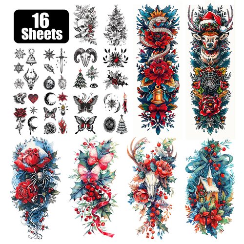 Partywind Christmas Temporary Tattoos for Adults Women, Christmas Holiday Make Up Tattoo Stickers for Party Supplies Decorations, Realistic Waterproof Tattoos for Christmas Holiday