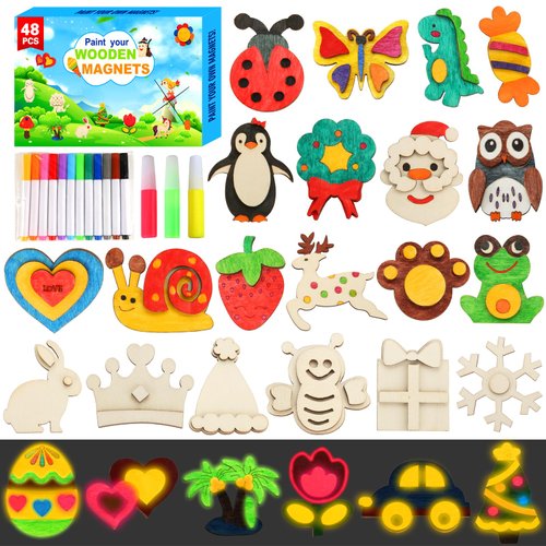 Worgree 48 Pcs DIY Wooden Magnets, Wooden Art Craft Supplies Painting Kit for Kids Ages 4-8 8-12 Glow in The Dark Party Favors Goodie Bag Stuffers Birthday Gifts Toys for Boys Girls