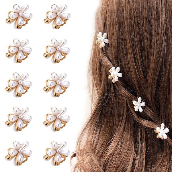 Mini Pearl Hair Barrettes for Women Girls, 10pcs Sweet Artificial Pearl Hair Clips, Flower Pins Clips for Party Wedding Daily