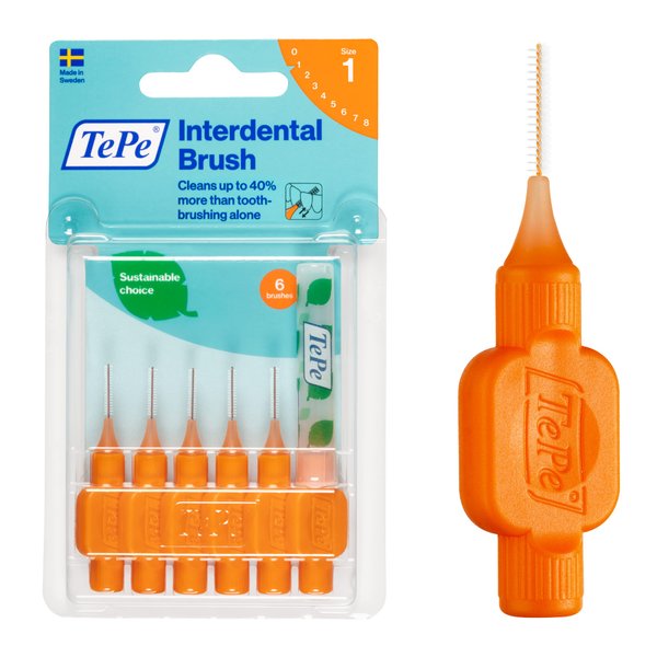 TEPE Interdental Brush Original, Soft Dental Brush for Teeth Cleaning, Pack of 6, 0.45 mm, Extra-Small/Small Gaps, Orange, Size 1