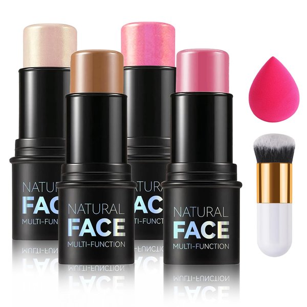 DAMUSI 6PCS Highlighter and Contour Sticks,Shades with Highlighter Stick,Cream Bronzer Stick,Cream Blush Stick for Sculpt the Cheeks,Lightweight Contour Makeup Kit for Beginners - Set B