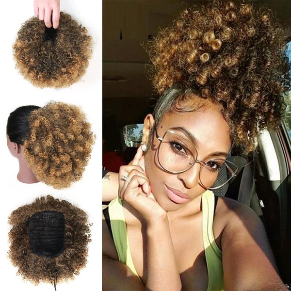 Afro Puff Drawstring Ponytail Extension for Black Women Short Afro Curly Ponytail Extension Clip On Kinky Drawstring Curly Ponytail Bun (T1B/27#)