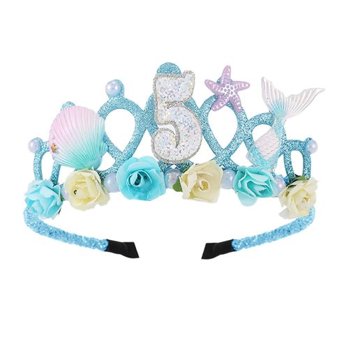 5th Birthday Crown for Girls, 5th Birthday Headband for Girls, 5th Birthday Tiara for Girls 5th Birthday Decoration for Girls Happy Birthday Tiara Crown with Mermaid for Girls 5 Year Old Disposable