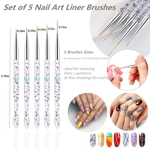 SQULIGT 5Pcs Nail Art Liner Brushes, Nail Gel Polish Painting Brush Set, Thin Nail Art Drawing Pen (7/9/11/15/18mm)