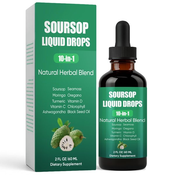 Soursop 10 in 1 Extract Drops, Soursop Bitters Liquid Drops with Sea Moss, Turmeric, Moringa, Oregano, Black Seed Oil, Ashwagandha, Chlorophyll, Sugar/Gluten Free, Natural Flavor (1)