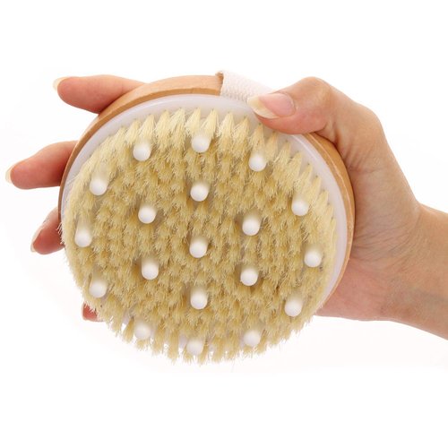 Dry Brushing Body Brush, 2 Pack Round Massage Scrub Brush with Natural Boar Bristles for Exfoliating Dry Skin, Lymphatic Drainage and Cellulite Treatment
