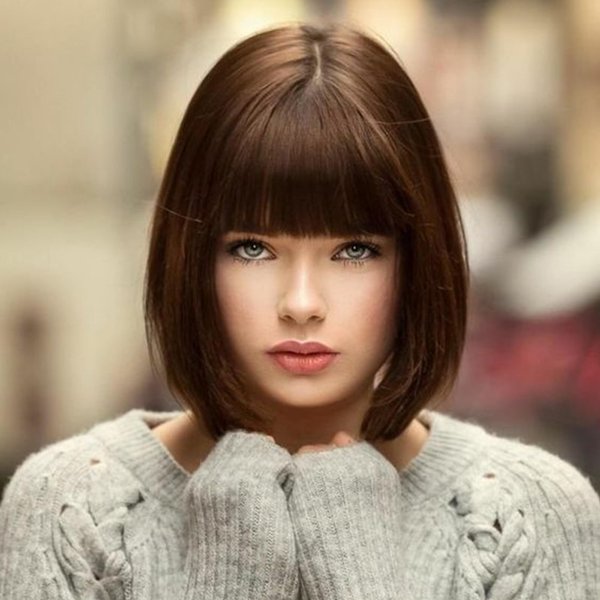 PHOENIXFLY Short Brown Bob Wig With Bangs -12 Inch Natural Fashion Bob Wigs for Women, Cute Colored Synthetic Wig for Daily Party Halloween (Brown)