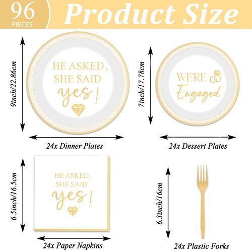 96Pcs Happy Engagement Party Supplies Engagement Paper Plates Napkins She Said Yes Party Tableware Set She Said Yes Disposable Dinnerware for Wedding Birthday Party Bridal Shower Decoration Serve 24