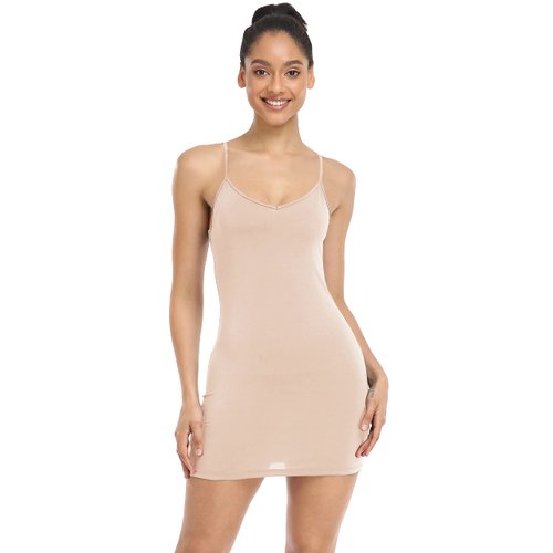 Qaffier Women's Basic Adjustable Spaghetti Strap Cami Slip Mini Dress Nude Small