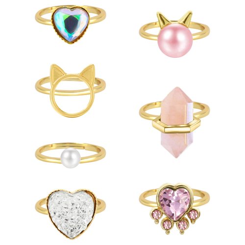 NEWITIN 7 Pieces Cute Rings for Girls Crystal Ring Girl Pretend Play Rings and Dress up Rings Adjustable Rings Kids Jewelry Little Girls Gift for Girls Kids