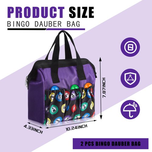 Sweetude 2 Pcs Bingo Dauber Bag Tote Bag Handle and Zipper Bingo Bag with 6 External Pockets and 3 Internal Pockets(Purple)