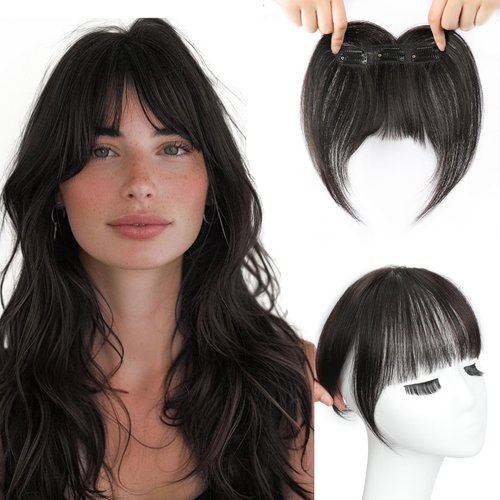 KooKaStyle Clip in Bangs, 100% Real Human Hair Bangs, Bangs Hair Clip 3 Secure Clips in Full Fringe Fake Bangs Natural Thick Volume Clip on Bangs For Women（Natural Black）