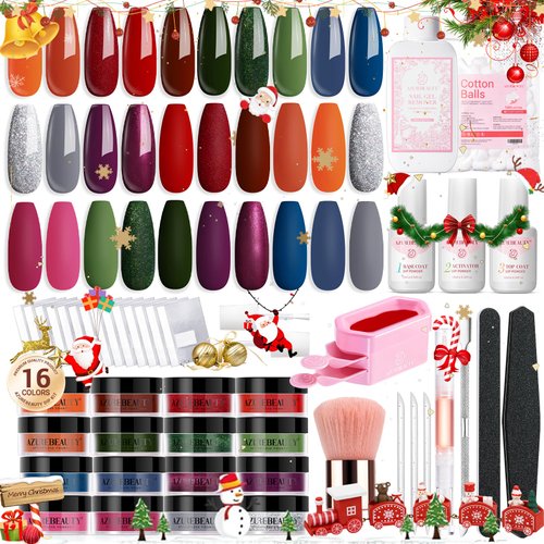 AZUREBEAUTY 130 Pcs Dip Powder Nail Kit Starter 16 Colors Fall Dip Powder Liquid Set with Top/Base Coat Activator Nail Remover Professional Glitter Dipping Powder Nail Kit for DIY Salon Gifts