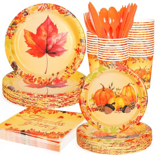 FULJOOY 175 PCS Fall Maple Leaves Dinnerware Set Thanksgiving Party Supplies Pumpkin Tableware Include Paper Plates Cups Cutlery Napkins Autumn Harvest Disposable Dinnerware, Serve 25