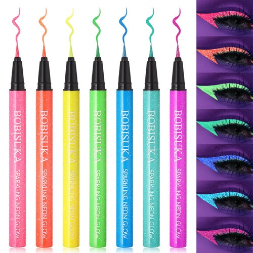 BOBISUKA 7 Colors Liquid Eyeliner: Neon UV Glitter Eyeliner Pencil - Colorful Waterproof Eye Liner - Rainbow Smudge-proof Eye Makeup Pen Set For Halloween, Party And Birthday