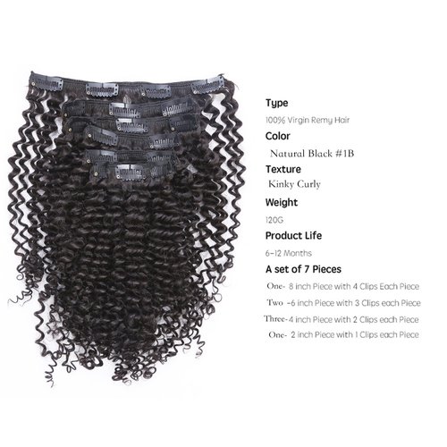 Loxxy Kinky Curly Clip in Human Hair Extensions 3B 3C Kinky Clip ins For Black Women Nutural Color 8A Double Wefts Real Remy Balayage Hair Extension,120G,16 Inch