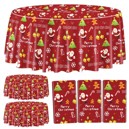 PTECDROTS 3Pcs Christmas Tablecloths Round Christmas Table Decorations Red Xmas Theme Table Cover for Winter Holiday New Year Christmas Party Supplies, 84inch