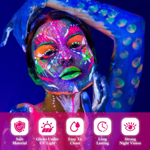6 Color Glow in The Dark Face Paint, UV Blacklight Neon Hot Pink Face Body Paint, Glow In The Dark Under UV Lighting Party Makeup Washable, for Festivals Party Halloween Christmas(1/2FL.OZ)
