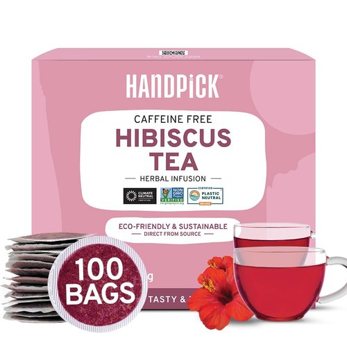 HANDPICK, Hibiscus Tea Bags (100 Tea Bags) Caffeine-Free, Made with Real - Hibiscus Flowers | Naturally Contains Antioxidants & can support Overall Health | Floral Herbal Tea Bags