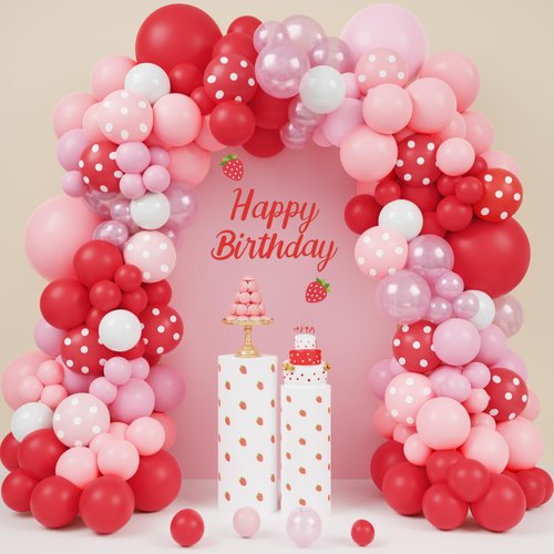Ouddy Life Strawberry Balloon Garland Arch Kit, 171pcs Strawberry Party Decoration Red Pink Polka Dot Strawberry Foil Balloons for Sweet Girl Baby Shower Berry First Fruit Themed Birthday Supplies