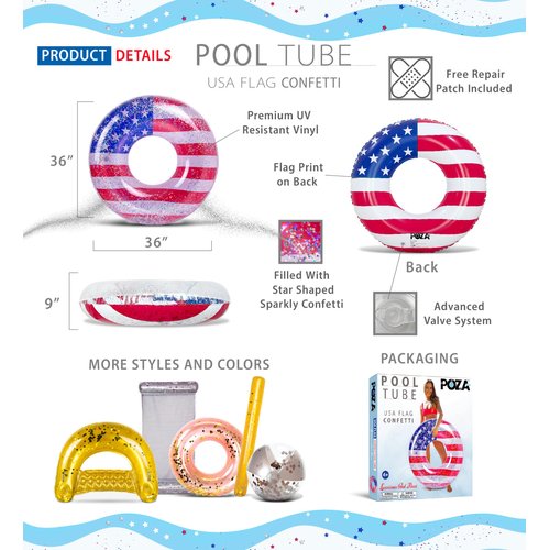 Inflatable USA Pool Float - Luxurious Ring Pool Float with Sparkling Silver Stars Confetti with Cute American Flag Pool Float Design, Perfect 4th of July Pool Float for Beach, Lake, and Pool - 36 Inch
