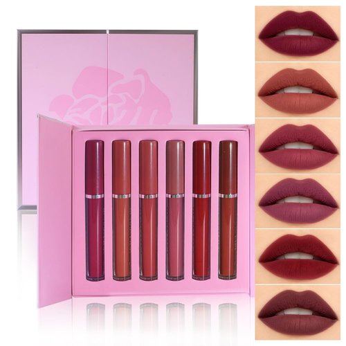 JUAAZIN 6Color Matte Liquid Lipstick Set, Cranberry Pink Orange Red Tender Red Pale Cranberry Vivid Auburn Wine Colored Lip Gloss Set, Long-Lasting Makeup Lip Glaze Waterproof Velvet Lipstick(Set A)